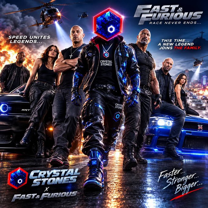 A promotional poster for a 'Crystal Stones x Fast & Furious' collaboration, featuring the tagline 'Race Never Ends...' and 'Faster... Stronger... Bigger...' with characters standing among cars, helicopters, and explosions.