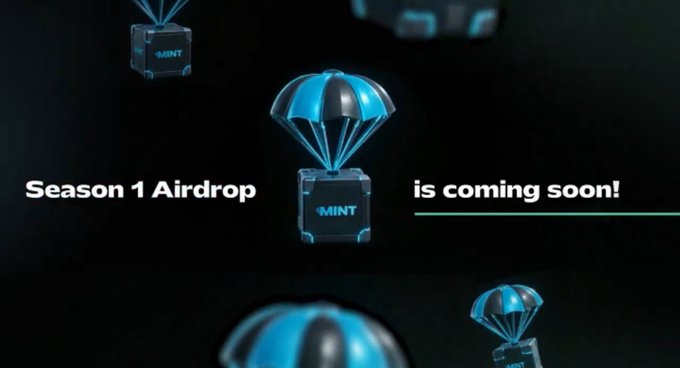 A dark promotional graphic featuring 3D airdrop crates labeled 'MINT' with the text 'Season 1 Airdrop is coming soon!'