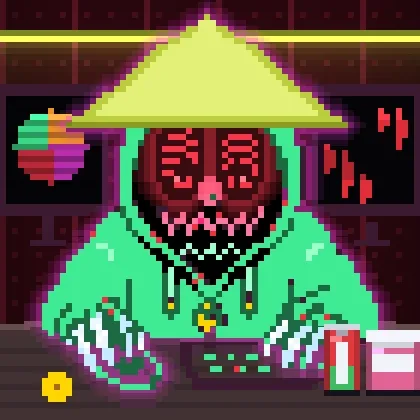 Pixel art of a menacing red-faced character wearing a yellow conical hat and green robe, holding what appears to be a knife.
