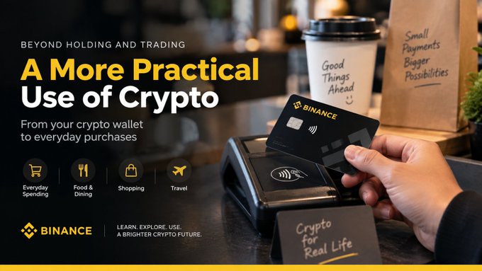 A Binance promotional banner reading 'BEYOND HOLDING AND TRADING - A More Practical Use of Crypto - From your crypto wallet to everyday purchases,' showing a person tapping a black Binance card on a payment terminal next to a coffee cup that says 'Good Things Ahead'.