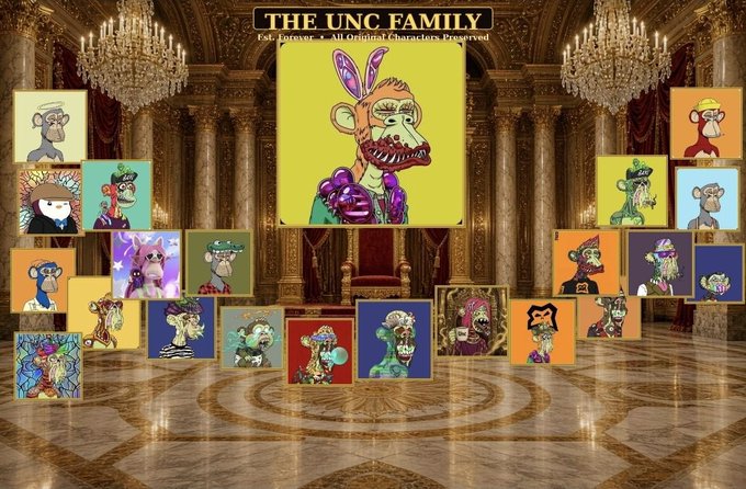 A digital art gallery in a palace hall titled "THE UNC FAMILY," displaying various cartoon-style Bored Ape-style NFTs, with the central piece featuring a zombie ape wearing bunny ears and a purple jacket.