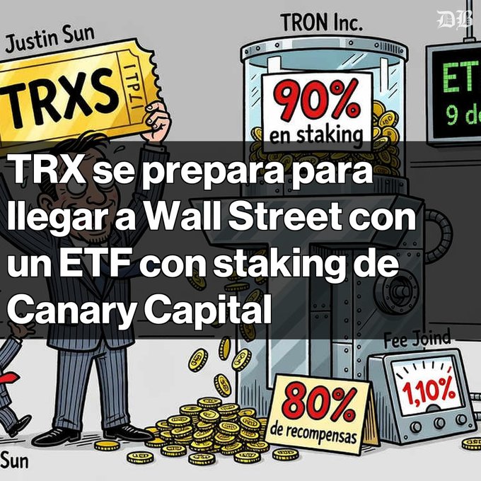 An editorial cartoon-style image with Spanish text 'TRX se prepara para llegar a Wall Street con un ETF con staking de Canary Capital', featuring Justin Sun holding a TRXS ticket next to a TRON Inc. machine showing '90% en staking' and '80% de recompensas'.