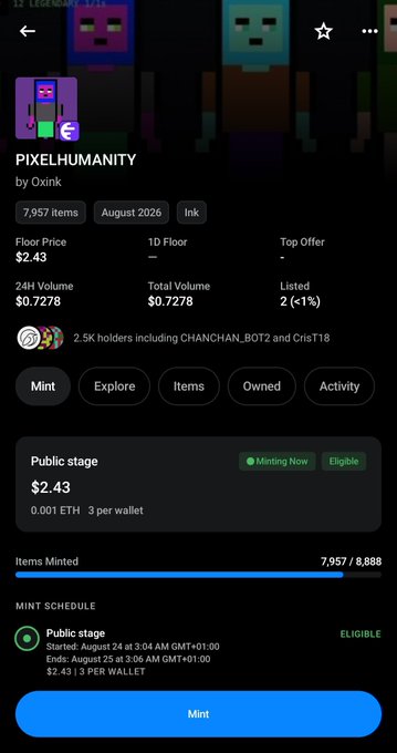 A screenshot of the "PIXELHUMANITY" NFT collection page by Oxink on a mobile app, showing a public mint stage priced at $2.43 (0.001 ETH, 3 per wallet) with 7,957/8,888 items minted and a mint button, alongside statistics like a floor price of $2.43 and 24H volume of $0.7278. The image corresponds to the post's warning advising users not to mint, avoid scam links, and be cautious about connecting their wallet to such NFT minting pages.
