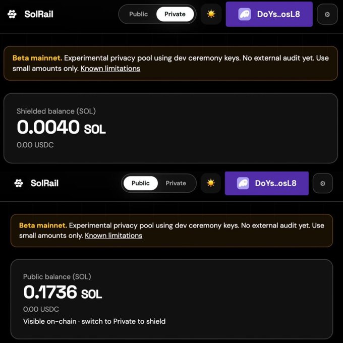 A screenshot of the SolRail interface showing both Private (Shielded) and Public balances in SOL, with values of 0.0040 SOL and 0.1736 SOL respectively, and a note about beta mainnet status.