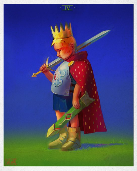 A digital illustration of a small child dressed as a king, wearing a golden crown, a red cape with gold patterns, and holding two swords against a deep blue background.