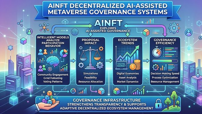 The image features a vibrant, colorful illustration depicting an intelligent metasequence governing system. The system has various components, including a brain with different icons representing intelligence, buildings symbolizing decision making and resource management, and a city in the background signifying digital economies. A hand is seen holding up one of these symbols. The main content of the image is an explanation of how this intelligent metasequence works as a governance system within the context of decentralized AI-assisted metaverse governance systems.