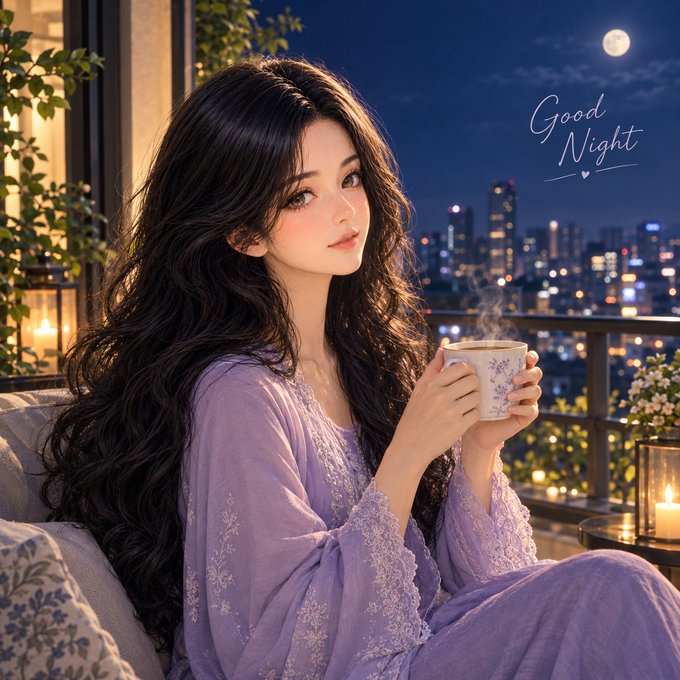 An anime-style illustration of a young woman with long dark hair wearing a purple lace dress, holding a steaming teacup while sitting by a window overlooking a city skyline at night, with 'Good Night' text and a moon visible.