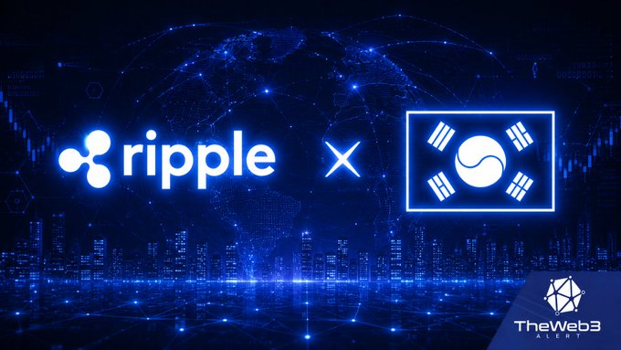 A digital graphic with a globe showing logos for "ripple" and the South Korean flag, with a "TheWeb3 Alert" watermark.