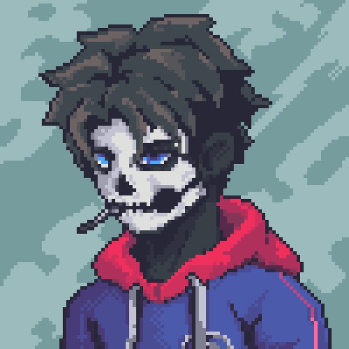 Pixel art portrait of a character with a skull-like mask, glowing blue eyes, messy dark hair, a red hood, and a blue hoodie, with a cigarette in their mouth.