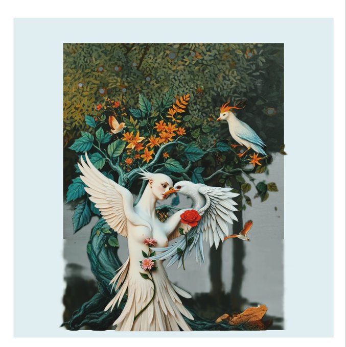 An artistic illustration shows a white winged woman-bird figure intertwined with a white bird among lush greenery and orange flowers, with a smaller bird flying nearby.