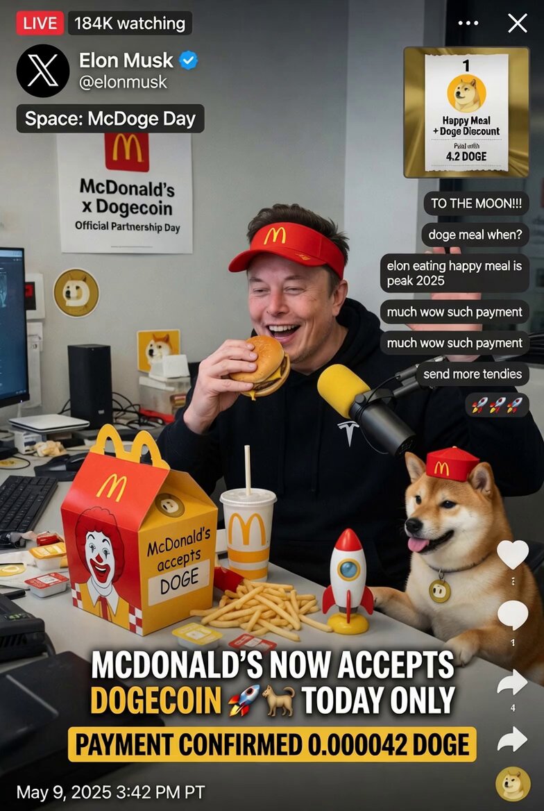 The image features an advertisement for McDonald's, with a man eating a burger while sitting at a table next to his dog. The caption of the image reads "I will eat a happy meal on tv if @McDonalds accepts Dogecoin." This suggests that the man is trying to promote the idea of using Dogecoin as payment for McDonald's products or services, possibly in response to a recent tweet by Elon Musk about accepting Bitcoin payments.