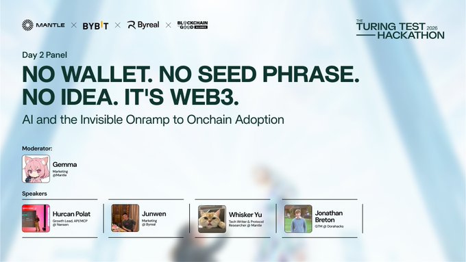 A Turing Test 2026 Hackathon Day 2 panel announcement titled 'NO WALLET. NO SEED PHRASE. NO IDEA. IT'S WEB3.' featuring moderator Gemma and speakers including Hurcan Polat and Jonathan Breton.