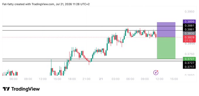 A TradingView candlestick chart titled "Fat-fatty" shows the $WLD price action around 0.3829-0.3881 with a short trade setup visualized by a green/red zone, corresponding to the posted trade featuring an entry at 0.383, target at 0.3725, and stoploss at 0.3905.