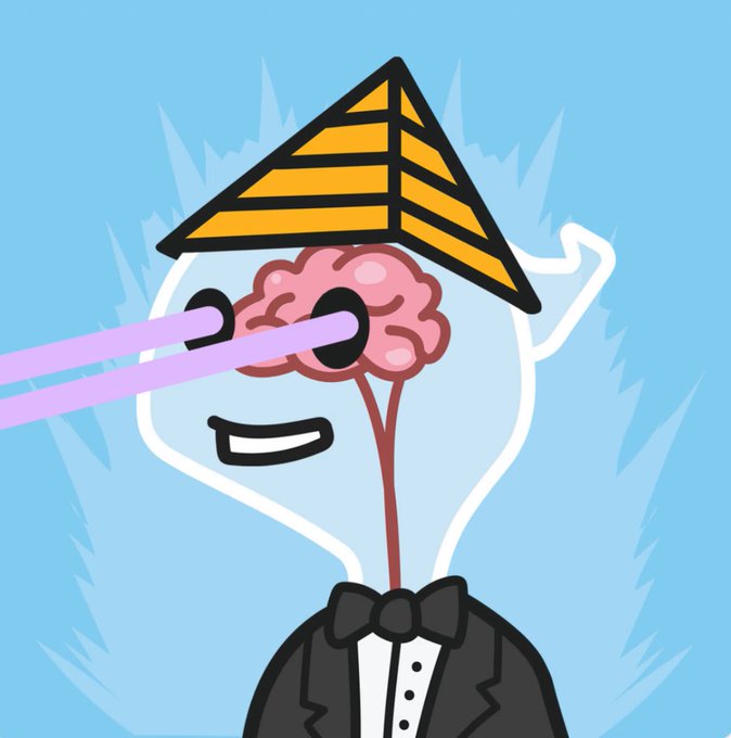 A cartoon illustration of a character with a transparent head revealing a pink brain inside, wearing a black tuxedo with a bowtie, and a golden pyramid-shaped hat, with pink laser beams shooting from the eyes against a light blue background.