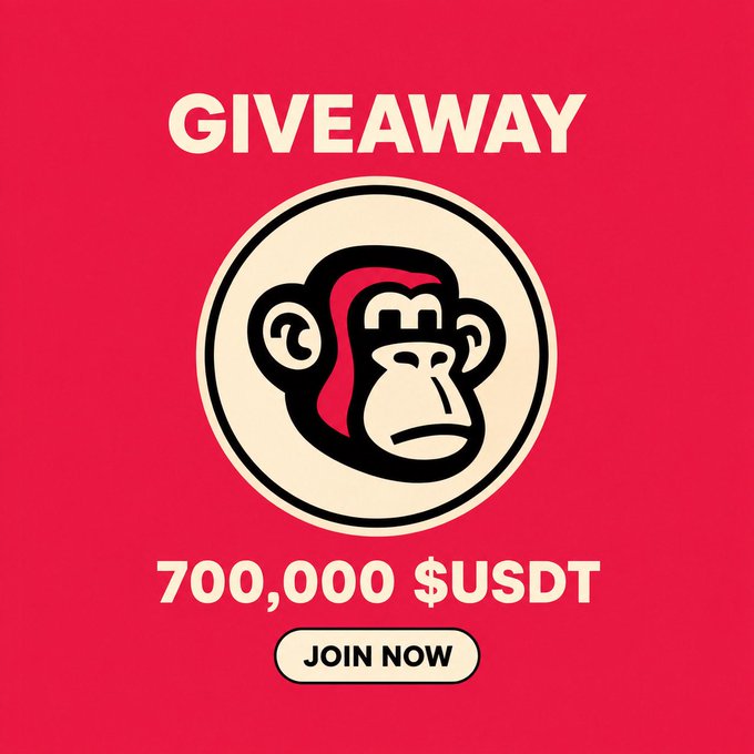 A red promotional graphic with a monkey face logo featuring an 'M' on its forehead, advertising 'GIVEAWAY 700,000 $USDT' with a 'JOIN NOW' button.