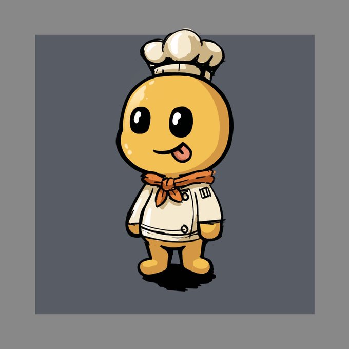 A cute cartoon mascot character of a round yellow egg/yolk wearing a chef's hat and outfit with an orange neckerchief, sticking out its tongue playfully.