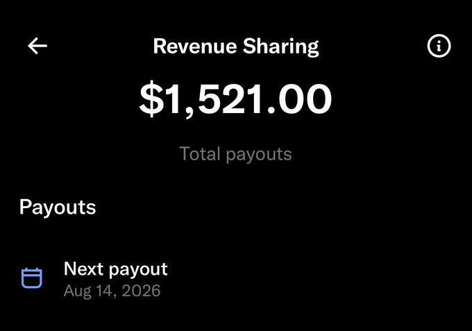A screenshot displays 'Revenue Sharing' with '$1,521.00 Total payouts' and a 'Next payout' scheduled for 'Aug 14, 2026'.