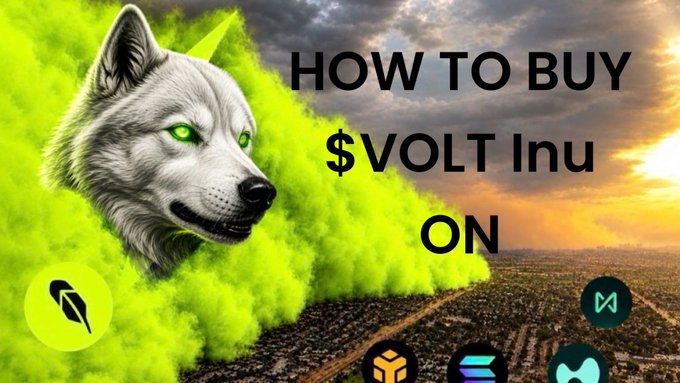A promotional image reading 'HOW TO BUY $VOLT Inu ON' featuring a husky dog, green smoke, and various cryptocurrency exchange logos.