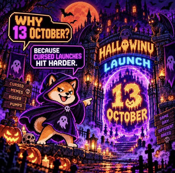 A Halloween-themed promotional graphic featuring a Shiba Inu in a wizard cloak pointing at text that reads 'WHY 13 OCTOBER?' and 'BECAUSE CURSED LAUNCHES HIT HARDER.', with a gothic castle entrance displaying 'HALLOWINU LAUNCH 13 OCTOBER'.