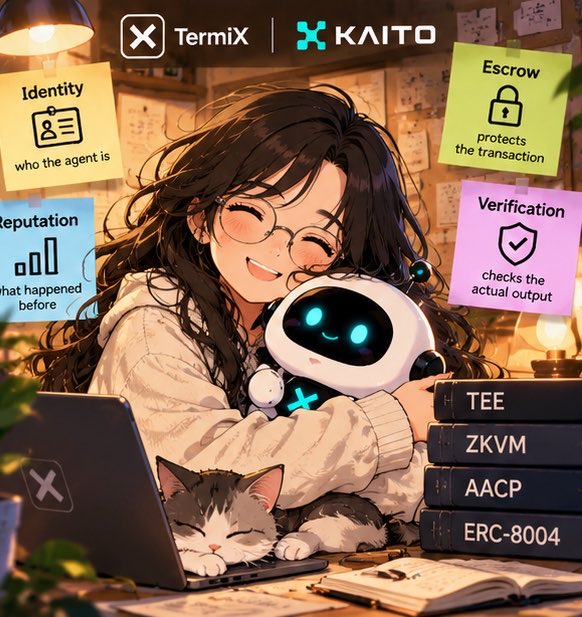 An anime-style illustration featuring TermiX and KAITO logos at the top, showing a girl with glasses hugging a small robot, alongside a cat and laptop. Sticky notes display concepts like 'Identity who the agent is', 'Reputation what happened before', 'Escrow protects the transaction', and 'Verification checks the actual output', with books labeled 'TEE', 'ZKVM', 'AACP', and 'ERC-8004'.