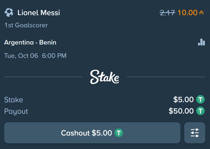A Stake betting slip shows a $5.00 wager on Lionel Messi as the 1st Goalscorer in the Argentina vs. Benin matchup (currently 2.17, boosted to 10.00 odds), with a potential $50 payout. The 10x odds boost highlighted in the post is visibly displayed in orange on the slip.