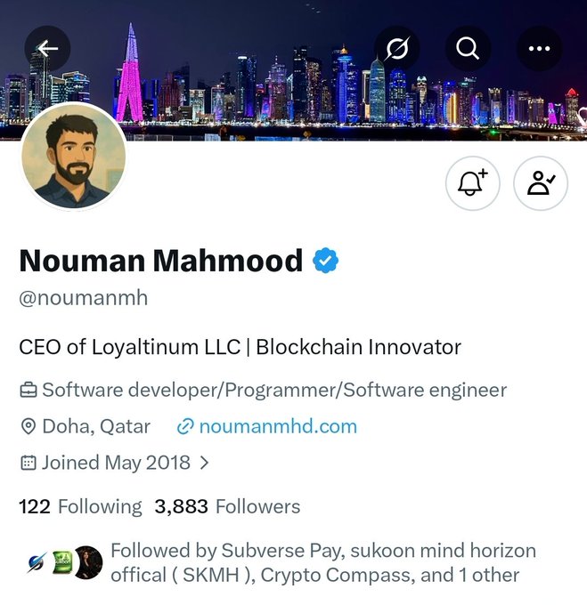 The image shows a Twitter/X profile for Nouman Mahmood (@noumanmh), identified as "CEO of Loyaltinum LLC | Blockchain Innovator" based in Doha, Qatar, with 3,883 followers. Notably, the profile no longer contains any reference to SidraChain, visually corroborating the post's claim that he has scrubbed all SidraChain-related mentions from his social media following his departure from the company.