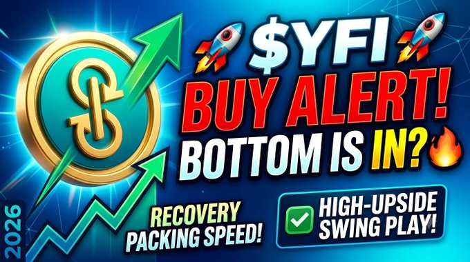 A flashy YouTube-style thumbnail with rockets and a dollar coin logo promoting '$YFI BUY ALERT! BOTTOM IS IN?' with tags 'RECOVERY PACKING SPEED!' and 'HIGH-UPSIDE SWING PLAY!'.