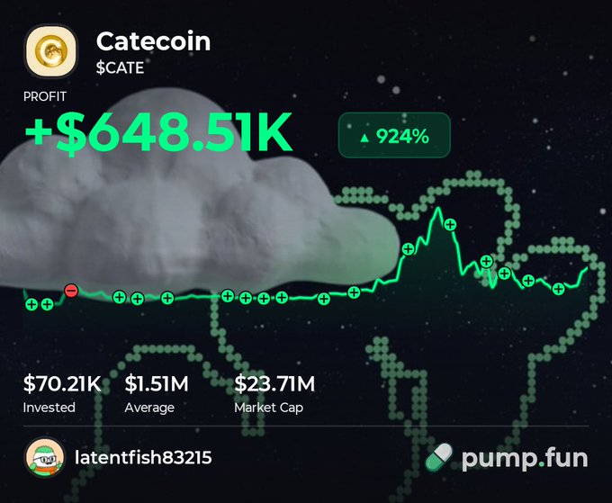 A pump.fun profit dashboard for Catecoin ($CATE) showing a profit of +$648.51K with a 924% gain, $70.21K invested, $1.51M average, and $23.71M market cap.