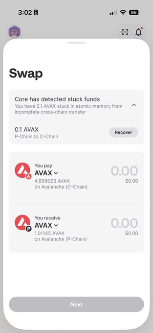 A mobile screenshot of a crypto 'Swap' interface showing 0.1 AVAX stuck in atomic memory from a P-Chain to C-Chain transfer, with wallet balances of 4.699023 AVAX and 1.01145 AVAX.