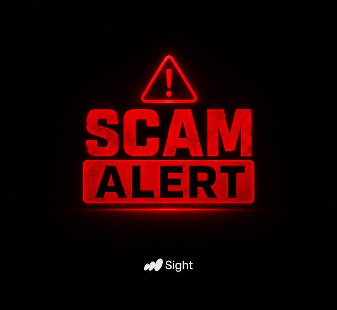 A red neon-style warning graphic on a black background displaying a triangle with an exclamation mark and the text 'SCAM ALERT' with a 'Sight' logo at the bottom.