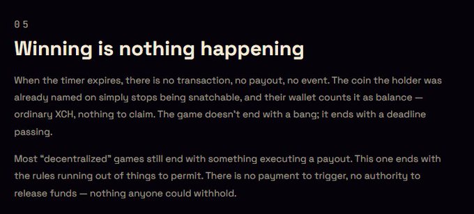A text excerpt titled "05 Winning is nothing happening" explaining that when a timer expires, there is no payout, no transaction, and no claim — the game simply ends with the rules running out of things to permit.