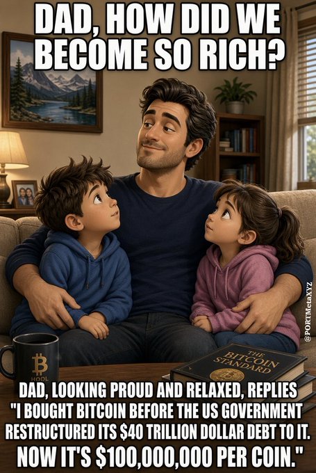A meme showing a father with two children asking how they became rich; the caption reads 'Dad, how did we become so rich?' with the reply about buying Bitcoin before the US government restructured its $40 trillion debt to it, now at $100,000,000 per coin.