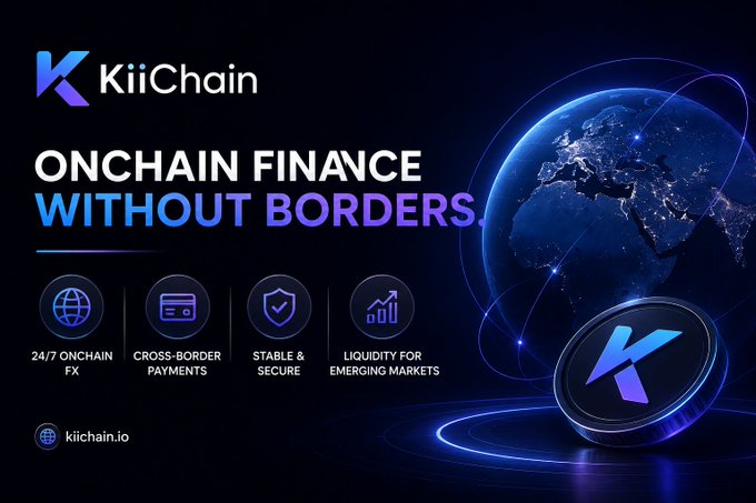 A promotional banner for 'KiiChain' advertising 'ONCHAIN FINANCE WITHOUT BORDERS' with features including 24/7 Onchain FX, Cross-Border Payments, Stable & Secure, and Liquidity for Emerging Markets (kiichain.io).