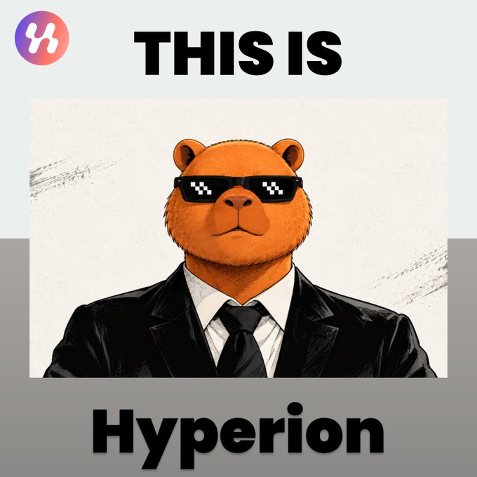 An image of a bear wearing pixelated sunglasses and a black suit with the text 'THIS IS Hyperion'.