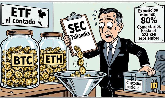 A cartoon illustration shows a sweating businessman holding a clipboard labeled 'SEC Tailandia' next to jars of BTC and ETH coins and a 'Custodia nacional' box.