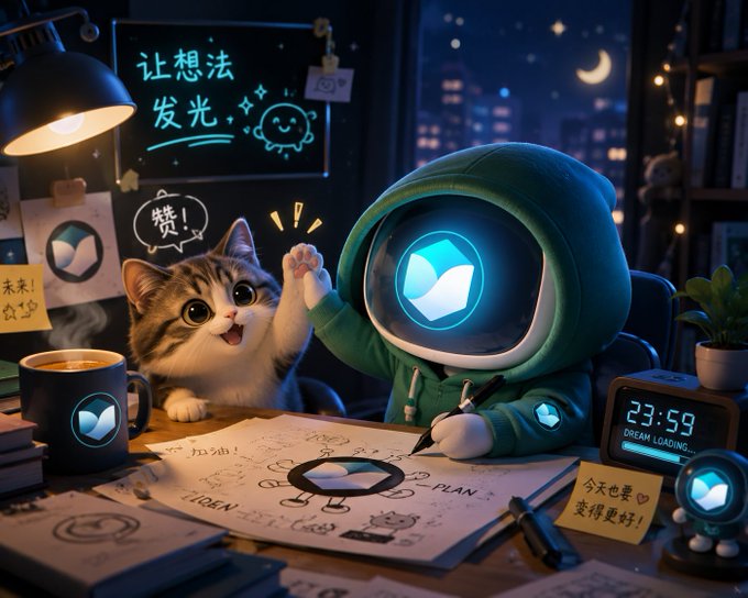 世界阿沽山, a cat with a green hoodie and blue eyes, sits on a desk next to a robot figure holding a pen and paper.
