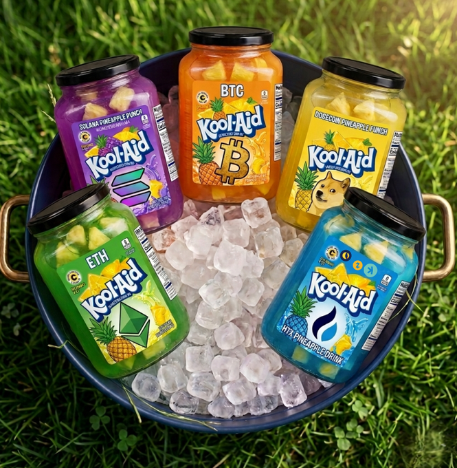 A blue bucket filled with ice and various flavors of Kool Aid, including pineapple, coconut, and grapefruit.