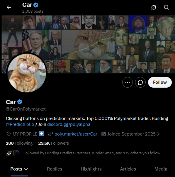 This image shows the Twitter profile of user @CarOnPolymarket, who appears to be a Polymarket trader. The user's profile picture is a cat, and their banner image features many prominent figures, including cats and a financial graph.