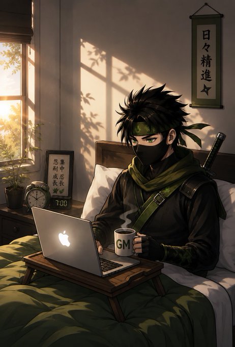 An anime ninja character wearing a green mask and scarf sits in bed using an Apple laptop with a steaming mug labeled "GM," accompanied by morning sunlight, an alarm clock showing 7:00, and Japanese wall scrolls—visually representing the post's "Gm CT" (Good morning crypto community) greeting.