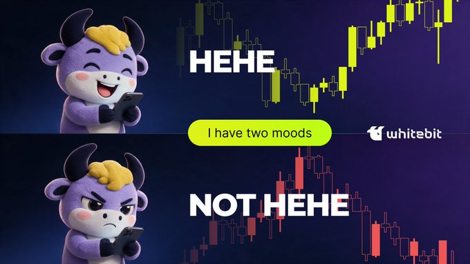A meme featuring the WhiteBIT mascot showing two moods: 'HEHE' with a rising green chart, and 'NOT HEHE' with a falling red chart.