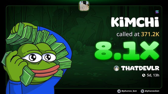 A Pepe the Frog meme styled with money as hair, displayed alongside text reading 'KIMCHI called at 371.2K 8.1X THATDEVLR 5d, 13h' on a green background.