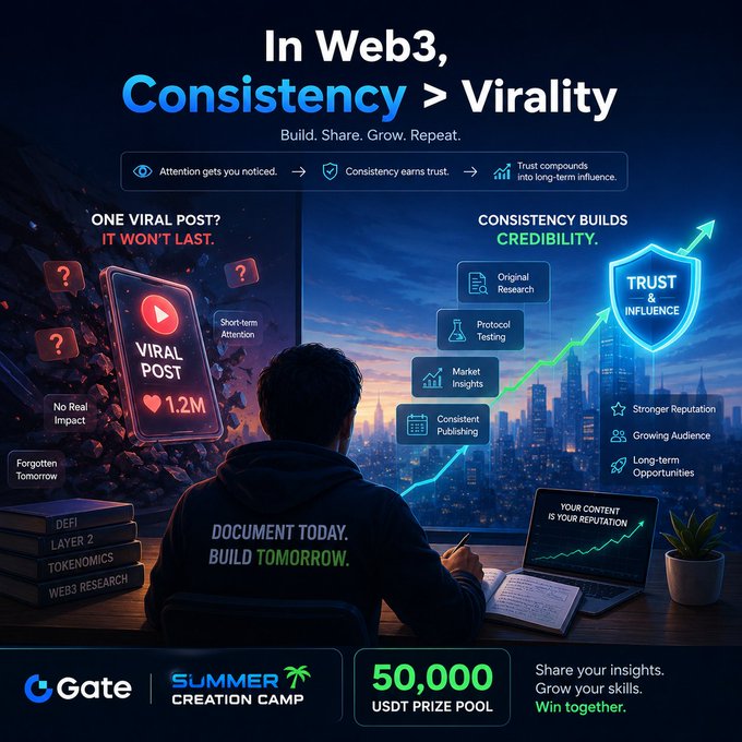 A promotional graphic for Gate.io's Summer Creation Camp featuring a "50,000 USDT Prize Pool," contrasting a "Viral Post" (labeled "1.2M" likes but "No Real Impact") with "Consistency Builds Credibility," highlighting pillars like Original Research, Protocol Testing, and Market Insights that lead to "Trust & Influence" and long-term reputation—reinforcing the post's message that sustained showing up matters more than one viral hit.