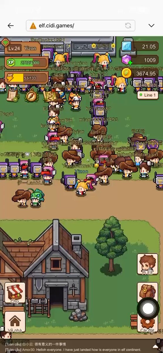A cell phone screen shows a video game screenshot of a cartoon character village with a small brown house featuring wooden shingles. In the bottom right corner, there's text that reads "Sáng nay anh em Pioneer Caphe đông đân với Cùng tham gia hệ sinh thái Pi Network với CiDi Games". The main focus of the image is the village and house, with some characters visible in various parts of the screenshot.