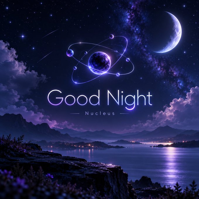 Stylized digital artwork of a starry night sky over a coastal landscape with a crescent moon, a planet with orbiting rings, and the text "Good Night — Nucleus" in glowing purple lettering.
