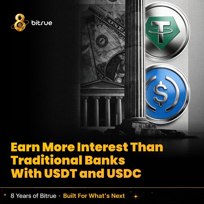 The image is a Bitrue promotional graphic featuring a bank column wrapped with USD dollar bills on one side and Tether (USDT) and USDC cryptocurrency logos on the other, symbolizing a shift from traditional banking to crypto. The main text reads "Earn More Interest Than Traditional Banks With USDT and USDC," with the tagline "8 Years of Bitrue • Built For What's Next" at the bottom.