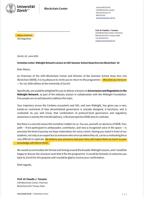 An invitation letter from the University of Zürich Blockchain Center dated 26 June 2026, from Prof. Dr Claudio J. Tessone to Mauro Andreoli, inviting him to lecture on Governance and Regulation in the Midnight Network at the UZH Summer School Deep Dive into Blockchain '26.