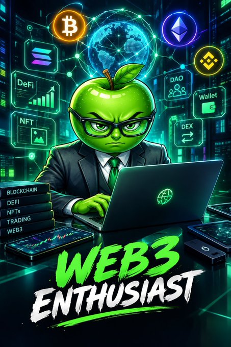 A Web3 enthusiast poster features a green apple character in a business suit at a laptop, surrounded by icons for Bitcoin, Ethereum, DeFi, NFT, DAO, Wallet, DEX, and Blockchain.