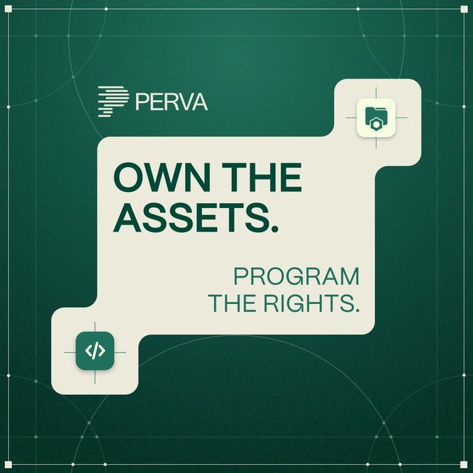 A PERVA promotional graphic with a green background featuring the slogans 'OWN THE ASSETS. PROGRAM THE RIGHTS.' along with coding and shield icons.