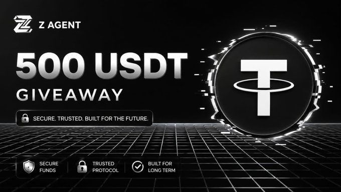 A promotional graphic for 'Z AGENT' advertising a '500 USDT GIVEAWAY' with a large Tether (USDT) coin and the tagline 'SECURE. TRUSTED. BUILT FOR THE FUTURE.'