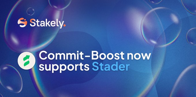 A promotional graphic for Stakely announcing "Commit-Boost now supports Stader" against a blue bubble background.